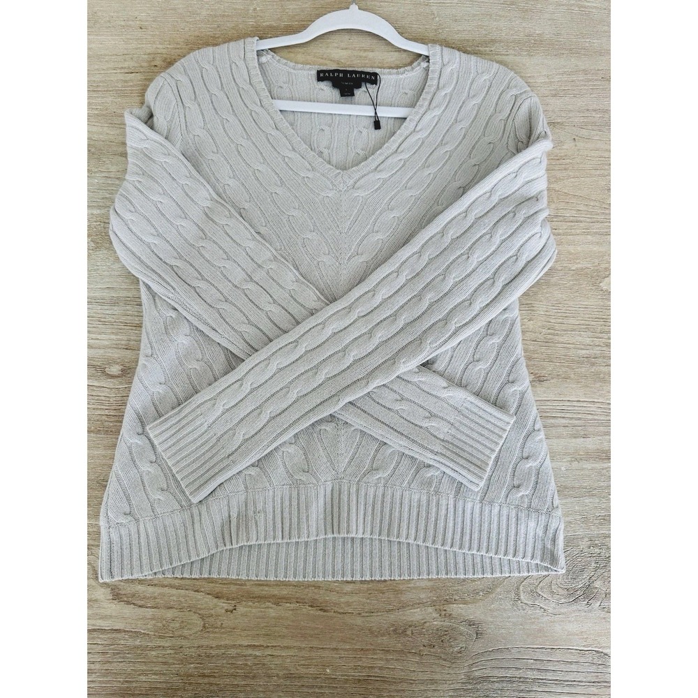 Ralph Lauren BLACK Label Sweater Womens Medium Cable Knit Cashmere Beige READ